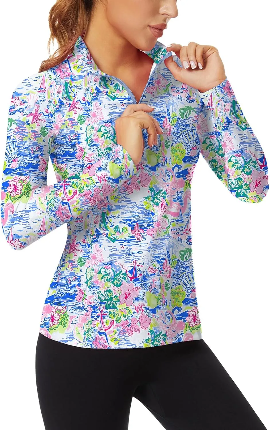 WOWENY Women's Long Sleeve Athletic Shirts Quarter Zip Pullover Collared T-Shirt Workout Print Tennis Top