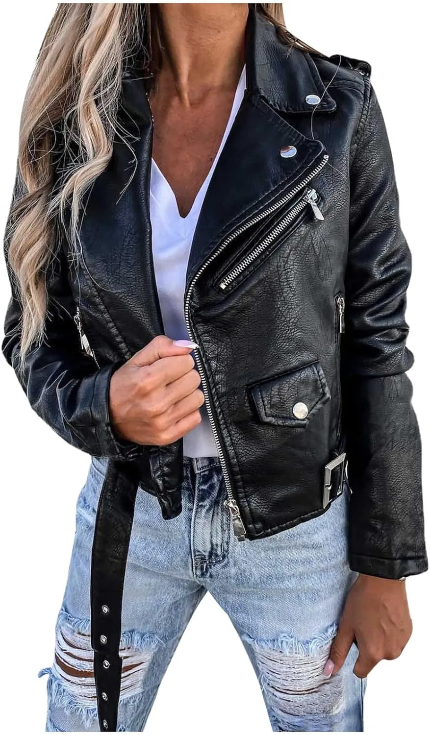 XUNRYAN Girls Winter Fashion Faux-Leather Jackets Motorcycle Short Vegan PU Moto Biker Jacket Crop Slim Petite Coat Outerwear