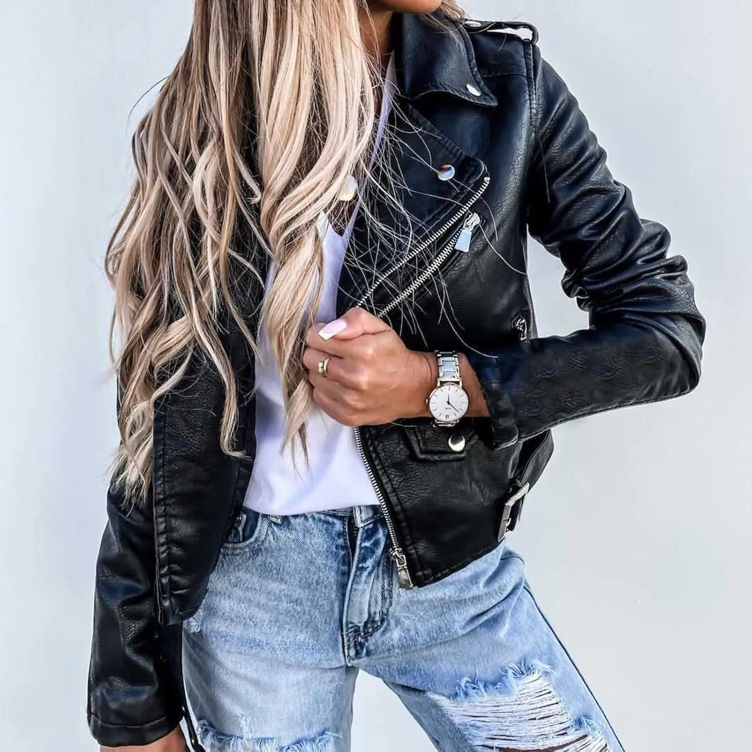 XUNRYAN Girls Winter Fashion Faux-Leather Jackets Motorcycle Short Vegan PU Moto Biker Jacket Crop Slim Petite Coat Outerwear