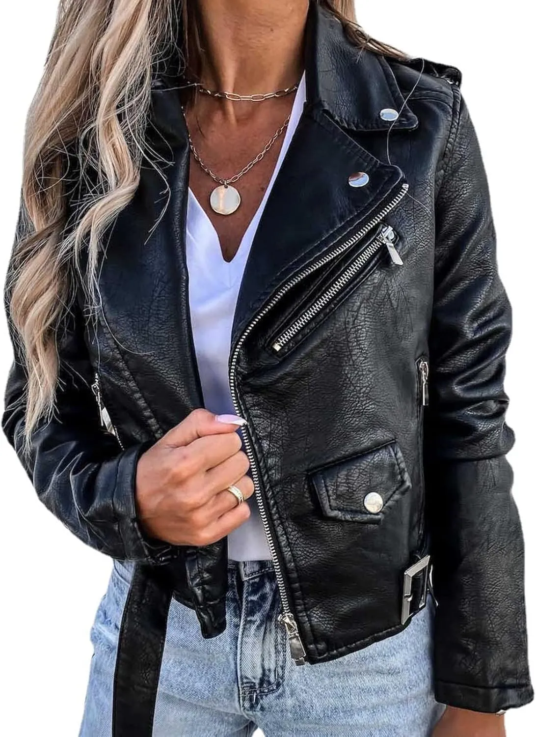 XUNRYAN Girls Winter Fashion Faux-Leather Jackets Motorcycle Short Vegan PU Moto Biker Jacket Crop Slim Petite Coat Outerwear