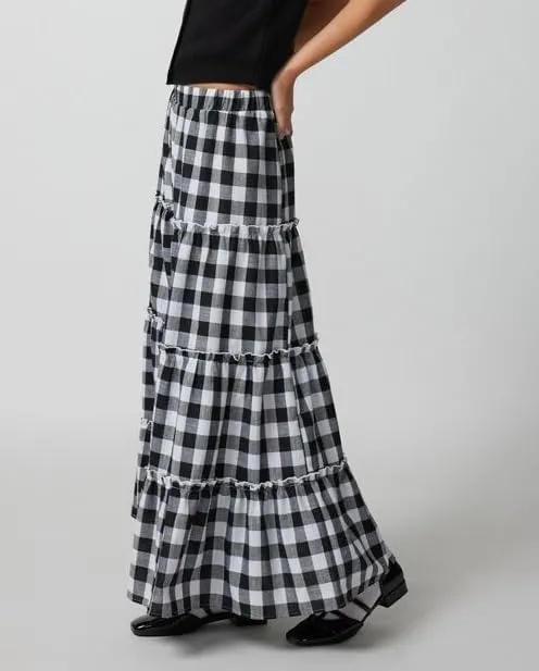 Y2k Plaid Tiered Maxi Skirt for Women Vintage Gingham A Line Long Skirt Summer Ruffle Flowy Swing Midi Skirt