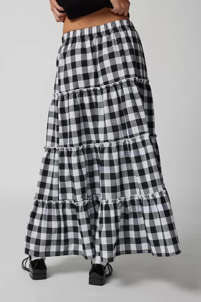 Y2k Plaid Tiered Maxi Skirt for Women Vintage Gingham A Line Long Skirt Summer Ruffle Flowy Swing Midi Skirt