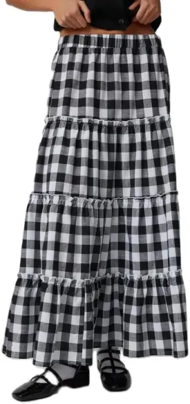 Y2k Plaid Tiered Maxi Skirt for Women Vintage Gingham A Line Long Skirt Summer Ruffle Flowy Swing Midi Skirt