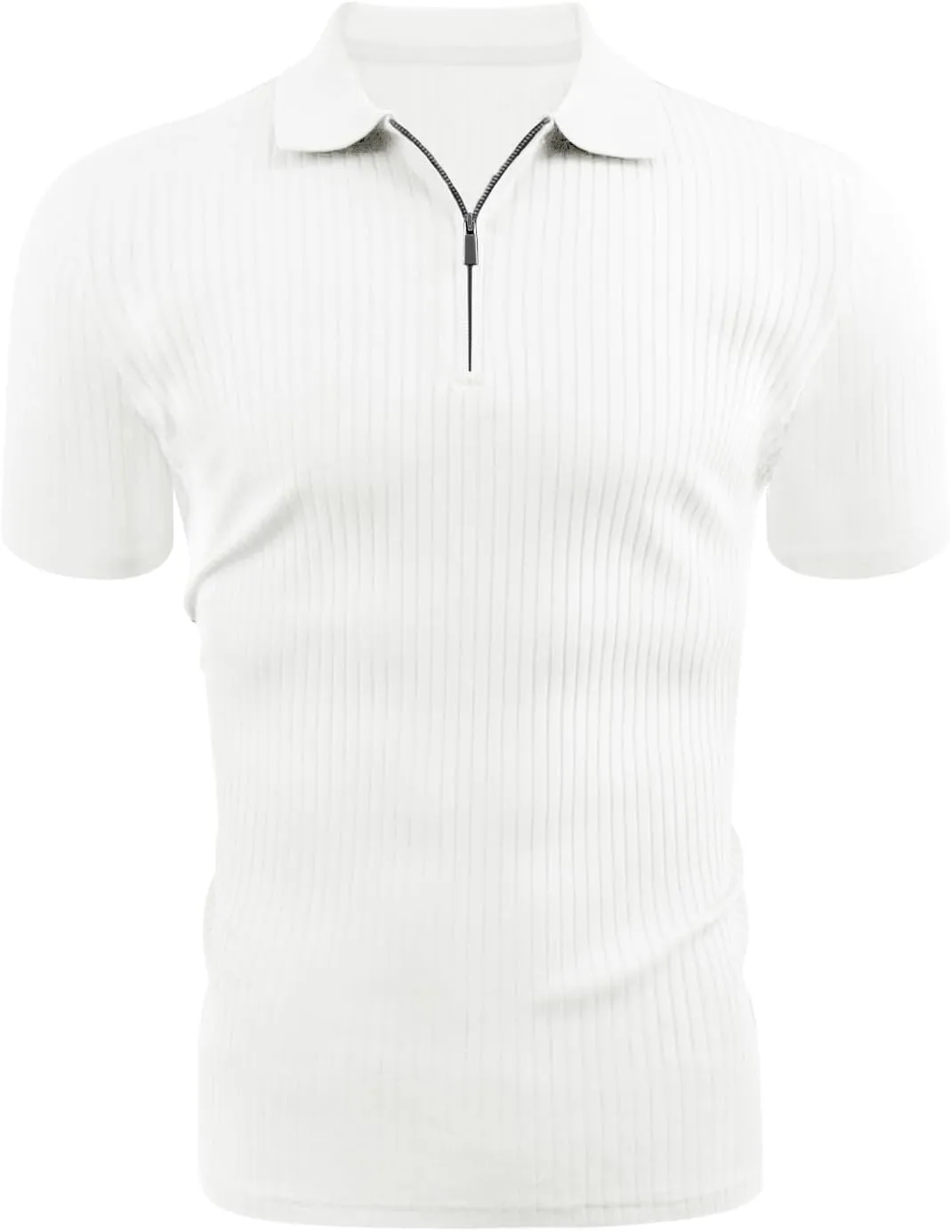 Zipper Muscle Polo Shirts for Men Slim Fit Short Sleeve Cotton Ribbed Knit Golf Shirt