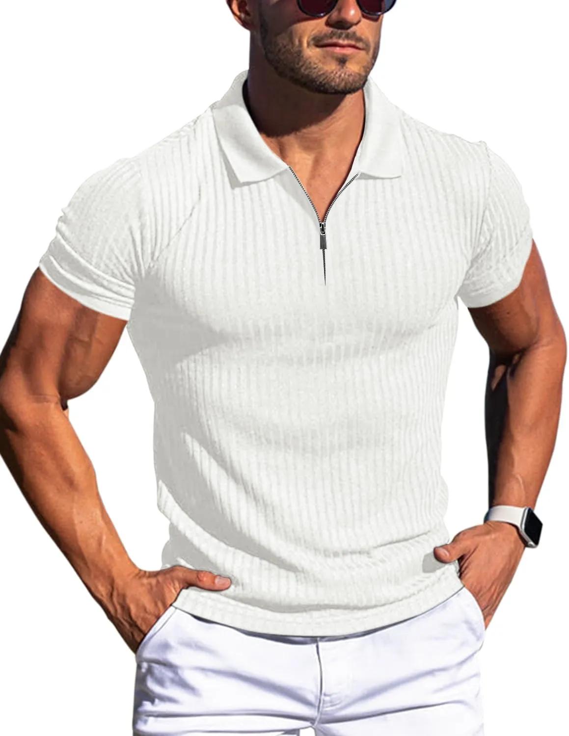 Zipper Muscle Polo Shirts for Men Slim Fit Short Sleeve Cotton Ribbed Knit Golf Shirt