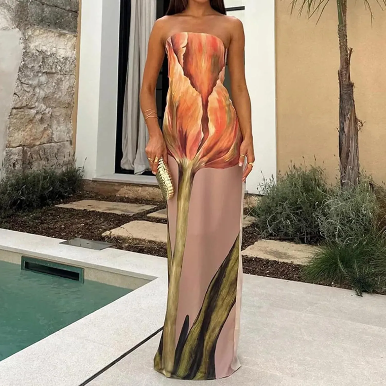 Zwirelz Women Strapless Maxi Dress Boho Floral Print Flowy Long Tube Dress Off Shoulder Loose Beach Sundress Long Tube Dress