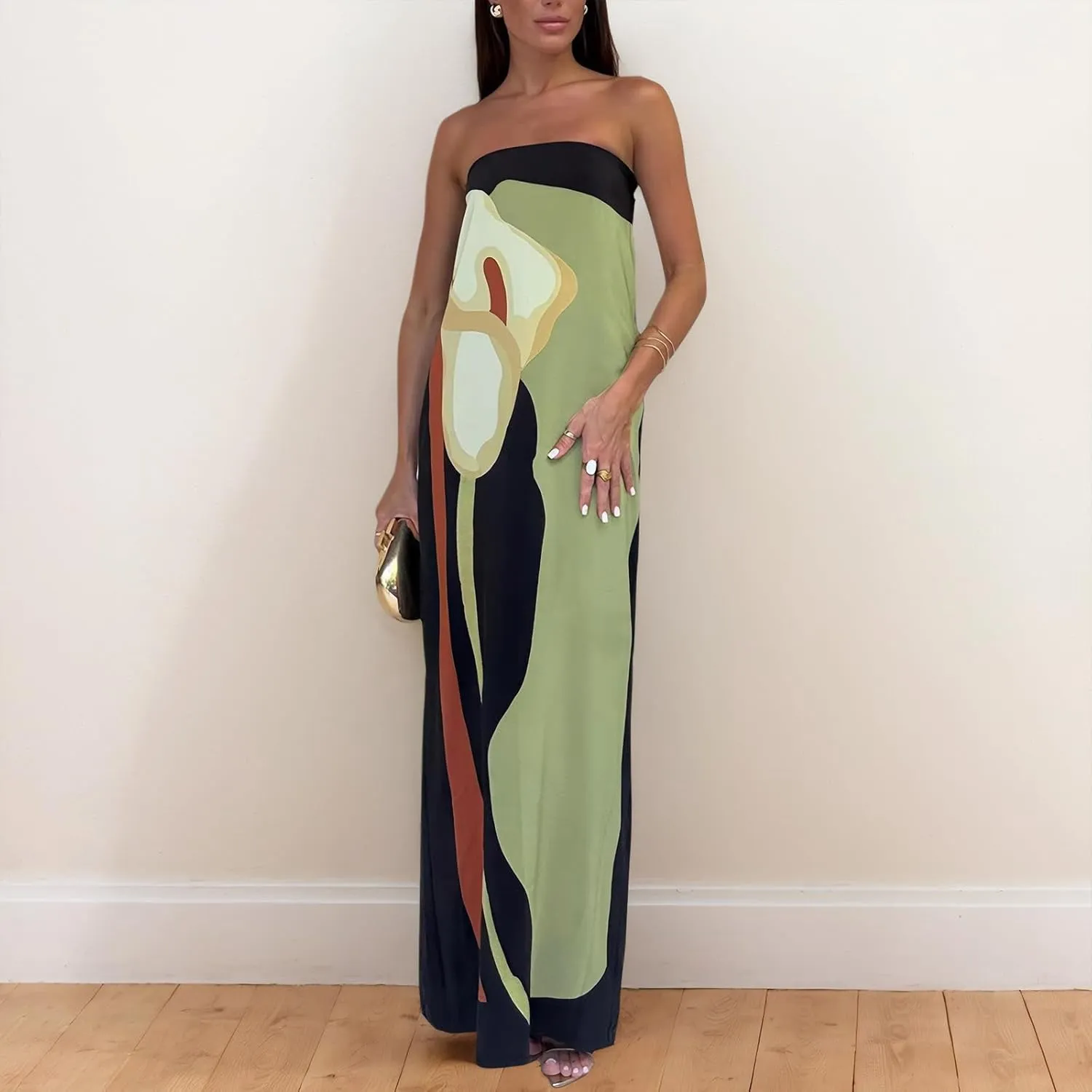 Zwirelz Women Strapless Maxi Dress Boho Floral Print Flowy Long Tube Dress Off Shoulder Loose Beach Sundress Long Tube Dress