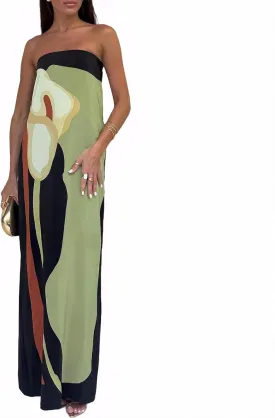 Zwirelz Women Strapless Maxi Dress Boho Floral Print Flowy Long Tube Dress Off Shoulder Loose Beach Sundress Long Tube Dress